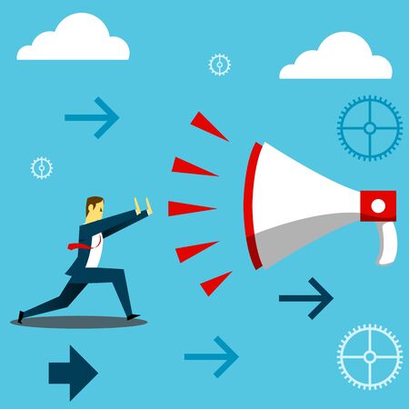 Standing survive. Businessman dispel shout of a giant megaphone. Concept business vector illustration.のイラスト素材