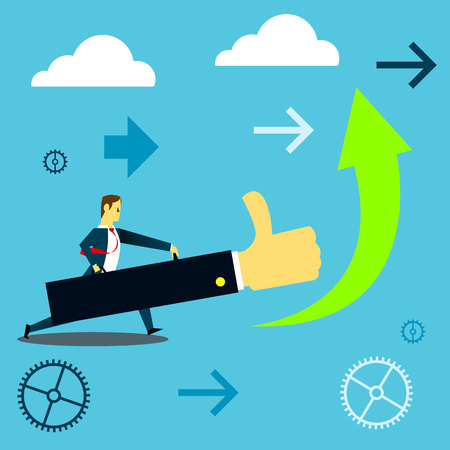 Bringing power. Businessman pushing upwards success using a giant hand. Concept business vector illustration.のイラスト素材
