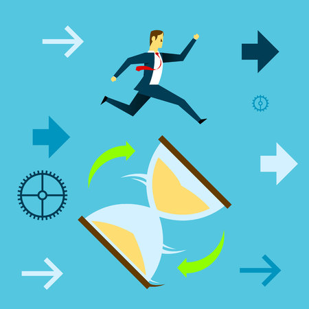 Running fore. Businessman running to catch a giant hourglass surrounds. Concept business vector illustration.のイラスト素材