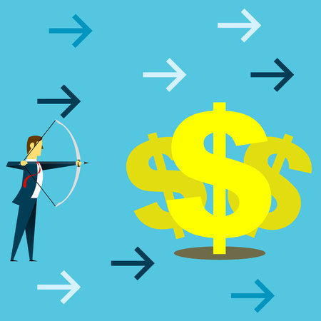 Target planning. Businessman preparing archery dollar. Concept business vector illustration.のイラスト素材