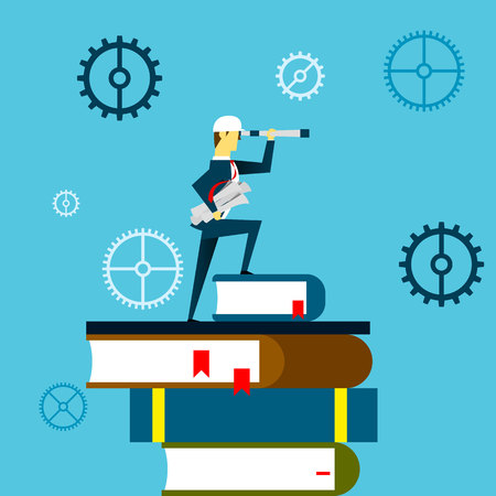 Planning work. Businessman lurking from a distance and standing on a book. Concept business vector illustration.のイラスト素材