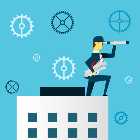 Planning work. Businessman lurking from a distance and stood on the roof of the building. Concept business vector illustration.のイラスト素材