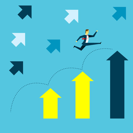 Grow up. Manager jumped onto the up arrow increase in the target company with the spirit. Concept business vector illustration.のイラスト素材
