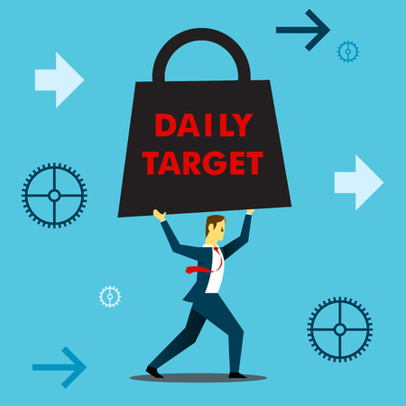 Bring something. Businessman lifting weights in the form of daily work targets the giant scales. Concept business vector illustration.のイラスト素材