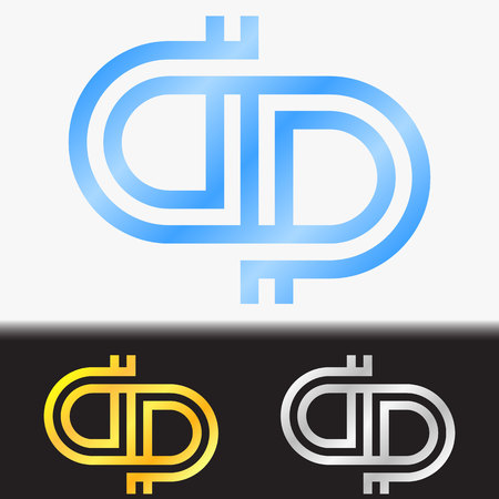 Initial letter PP premium blue metallic rotated lowercase logo template in white background, and custom preview in gold and silver colorのイラスト素材