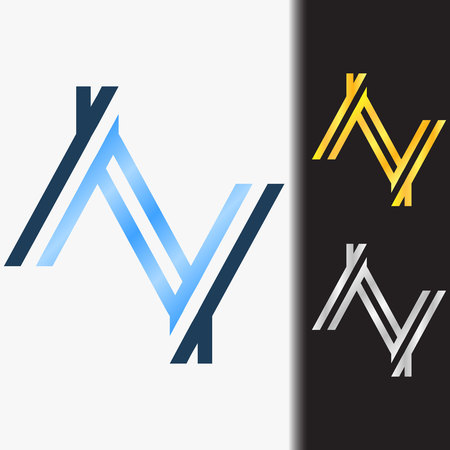 Initial letter YY premium blue metallic rotated lowercase logo template in white background, and custom preview in gold and silver colorのイラスト素材