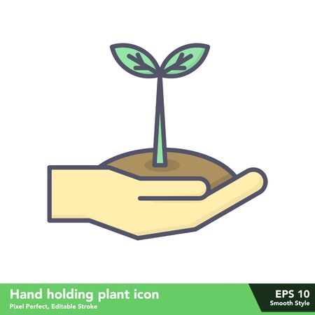Hand holding plant icon in smooth style, with pixel perfect and editable stroke eps 10のイラスト素材