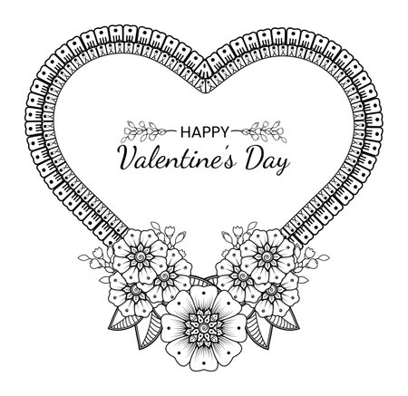 Hand drawn valentines day greeting card or banner with mehndi flower. decoration in ethnic oriental, doodle ornament. outline hand draw illustration.のイラスト素材
