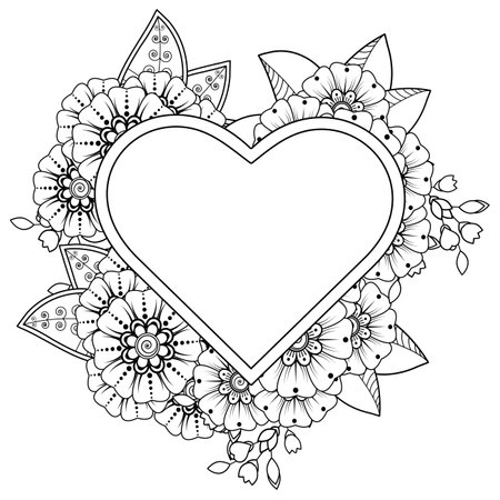 Mehndi flower for henna, mehndi, tattoo, decoration. decorative ornament in ethnic oriental style. doodle ornament. outline hand draw illustration. coloring book page.のイラスト素材