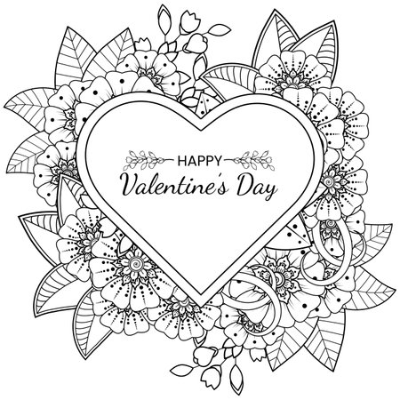 Mehndi flower for henna, mehndi, tattoo, decoration. decorative ornament in ethnic oriental style. doodle ornament. outline hand draw illustration. coloring book page.のイラスト素材