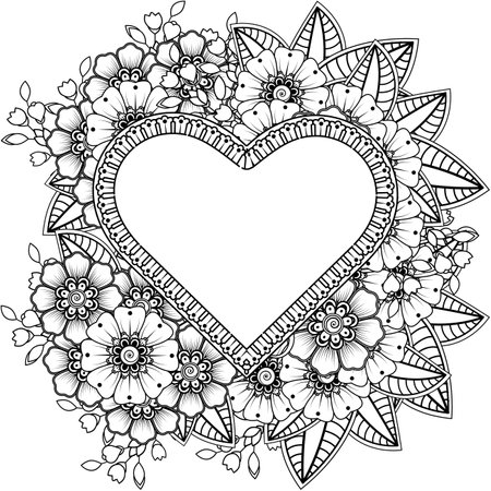 Mehndi flower for henna, mehndi, tattoo, decoration. decorative ornament in ethnic oriental style. doodle ornament. outline hand draw illustration. coloring book page.のイラスト素材