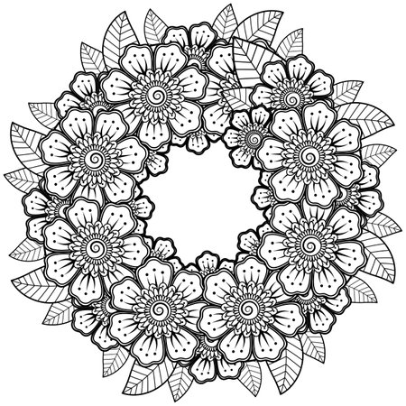 Mehndi flower for henna, mehndi, tattoo, decoration. decorative ornament in ethnic oriental style. doodle ornament. outline hand draw illustration. coloring book page.のイラスト素材