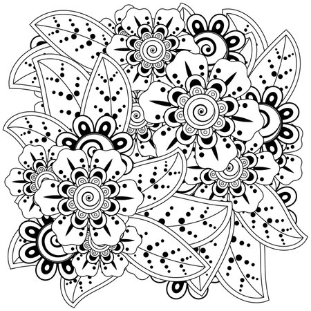 Mehndi flower for henna, mehndi, tattoo, decoration. decorative ornament in ethnic oriental style. doodle ornament. outline hand draw illustration. coloring book page.のイラスト素材
