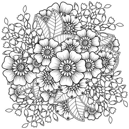 Mehndi flower for henna, mehndi, tattoo, decoration. decorative ornament in ethnic oriental style. doodle ornament. outline hand draw illustration. coloring book page.のイラスト素材