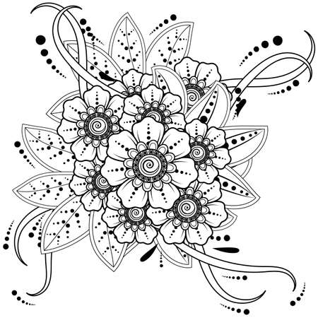 Mehndi flower for henna, mehndi, tattoo, decoration. decorative ornament in ethnic oriental style. doodle ornament. outline hand draw illustration. coloring book page.のイラスト素材