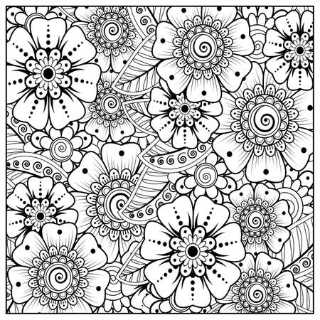 Mehndi flower for henna, mehndi, tattoo, decoration. decorative ornament in ethnic oriental style. doodle ornament. outline hand draw illustration. coloring book page.のイラスト素材