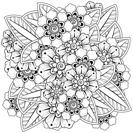Mehndi flower for henna, mehndi, tattoo, decoration. decorative ornament in ethnic oriental style. doodle ornament. outline hand draw illustration. coloring book page.のイラスト素材