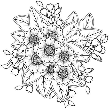 Mehndi flower for henna, mehndi, tattoo, decoration. decorative ornament in ethnic oriental style. doodle ornament. outline hand draw illustration. coloring book page.のイラスト素材