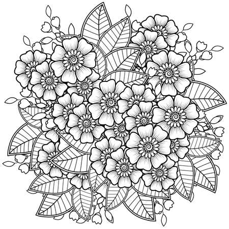 Mehndi flower for henna, mehndi, tattoo, decoration. decorative ornament in ethnic oriental style. doodle ornament. outline hand draw illustration. coloring book page.のイラスト素材