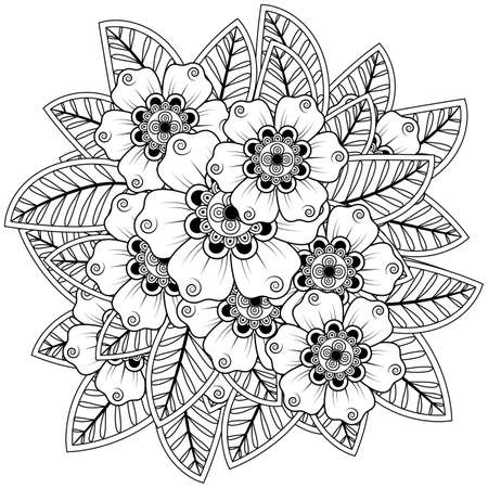 Mehndi flower for henna, mehndi, tattoo, decoration. decorative ornament in ethnic oriental style. doodle ornament. outline hand draw illustration. coloring book page.のイラスト素材