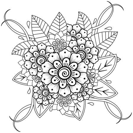 Mehndi flower for henna, mehndi, tattoo, decoration. decorative ornament in ethnic oriental style. doodle ornament. outline hand draw illustration. coloring book page.のイラスト素材