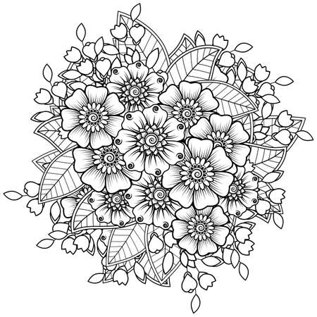Mehndi flower for henna, mehndi, tattoo, decoration. decorative ornament in ethnic oriental style. doodle ornament. outline hand draw illustration. coloring book page.のイラスト素材