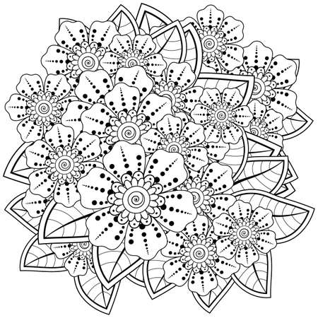 Mehndi flower for henna, mehndi, tattoo, decoration. decorative ornament in ethnic oriental style. doodle ornament. outline hand draw illustration. coloring book page.のイラスト素材