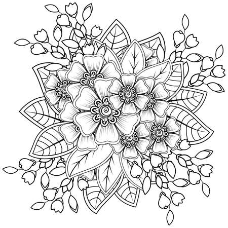 Mehndi flower for henna, mehndi, tattoo, decoration. decorative ornament in ethnic oriental style. doodle ornament. outline hand draw illustration. coloring book page.のイラスト素材