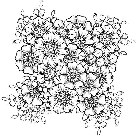 Mehndi flower for henna, mehndi, tattoo, decoration. decorative ornament in ethnic oriental style. doodle ornament. outline hand draw illustration. coloring book page.のイラスト素材