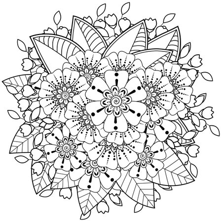 Mehndi flower for henna, mehndi, tattoo, decoration. decorative ornament in ethnic oriental style. doodle ornament. outline hand draw illustration. coloring book page.のイラスト素材