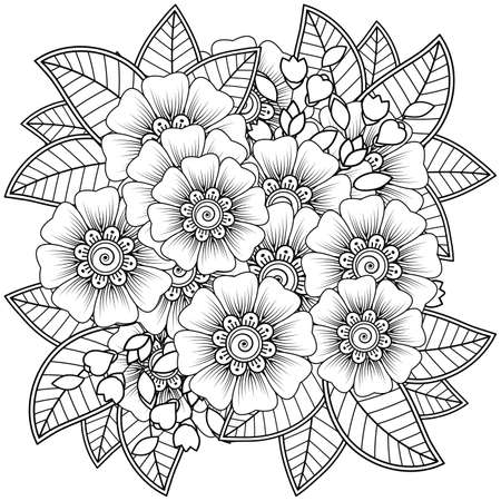 Mehndi flower for henna, mehndi, tattoo, decoration. decorative ornament in ethnic oriental style. doodle ornament. outline hand draw illustration. coloring book page.のイラスト素材