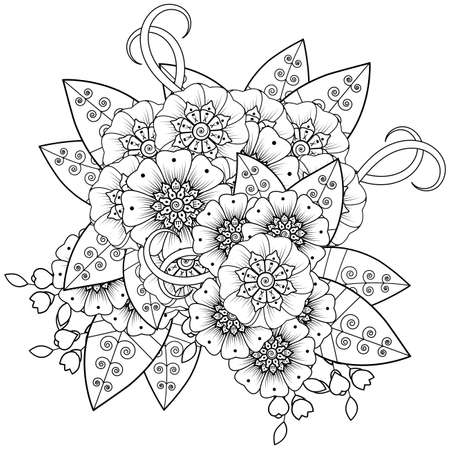 Mehndi flower for henna, mehndi, tattoo, decoration. decorative ornament in ethnic oriental style. doodle ornament. outline hand draw illustration. coloring book page.のイラスト素材