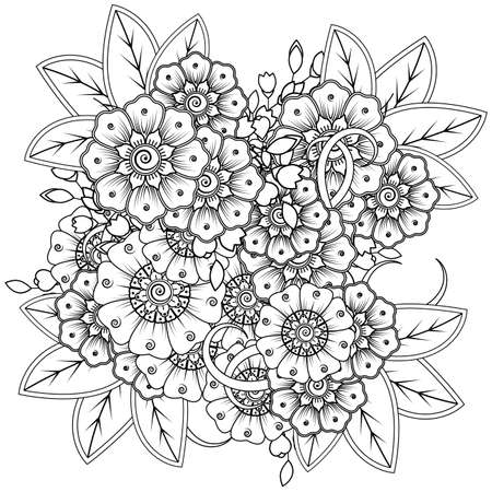 Mehndi flower for henna, mehndi, tattoo, decoration. decorative ornament in ethnic oriental style. doodle ornament. outline hand draw illustration. coloring book page.のイラスト素材