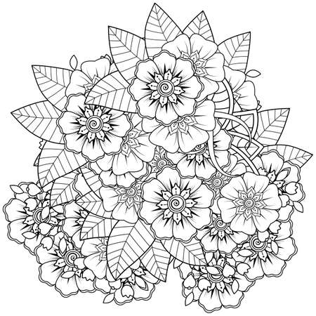 Mehndi flower for henna, mehndi, tattoo, decoration. decorative ornament in ethnic oriental style. doodle ornament. outline hand draw illustration. coloring book page.のイラスト素材