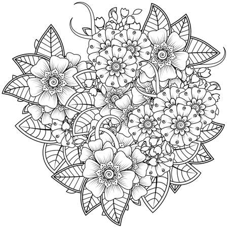 Mehndi flower for henna, mehndi, tattoo, decoration. decorative ornament in ethnic oriental style. doodle ornament. outline hand draw illustration. coloring book page.のイラスト素材