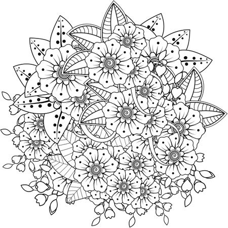 Mehndi flower for henna, mehndi, tattoo, decoration. decorative ornament in ethnic oriental style. doodle ornament. outline hand draw illustration. coloring book page.のイラスト素材