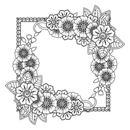 Mehndi flower for henna, mehndi, tattoo, decoration. decorative ornament in ethnic oriental style. doodle ornament. outline hand draw illustration. coloring book page.のイラスト素材