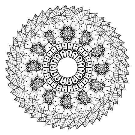 Mehndi flower for henna, mehndi, tattoo, decoration. decorative ornament in ethnic oriental style. doodle ornament. outline hand draw illustration. coloring book page.のイラスト素材