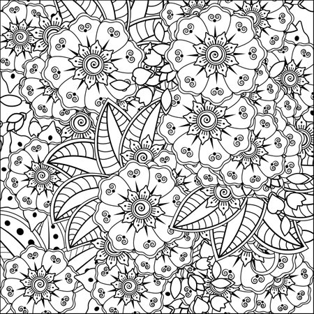 Mehndi flower for henna, mehndi, tattoo, decoration. decorative ornament in ethnic oriental style. doodle ornament. outline hand draw illustration. coloring book page.のイラスト素材
