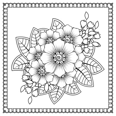 Mehndi flower for henna, mehndi, tattoo, decoration. decorative ornament in ethnic oriental style. doodle ornament. outline hand draw illustration. coloring book page.のイラスト素材