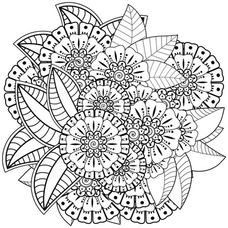 Mehndi flower for henna, mehndi, tattoo, decoration. decorative ornament in ethnic oriental style. doodle ornament. outline hand draw illustration. coloring book page.のイラスト素材