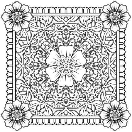 Mehndi flower for henna, mehndi, tattoo, decoration. decorative ornament in ethnic oriental style. doodle ornament. outline hand draw illustration. coloring book page.のイラスト素材