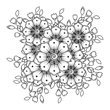 Mehndi flower for henna, mehndi, tattoo, decoration. decorative ornament in ethnic oriental style. doodle ornament. outline hand draw illustration. coloring book page.のイラスト素材