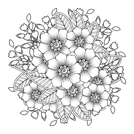 Mehndi flower for henna, mehndi, tattoo, decoration. decorative ornament in ethnic oriental style. doodle ornament. outline hand draw illustration. coloring book page.のイラスト素材