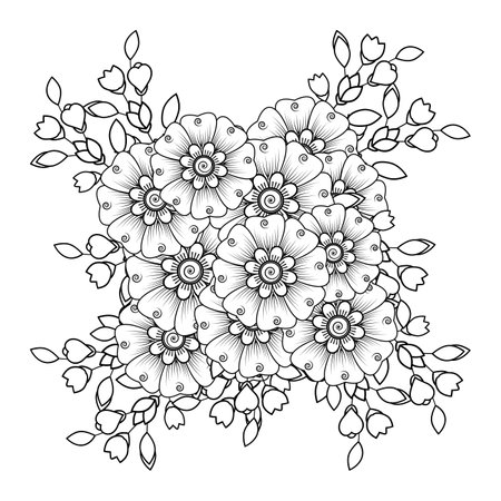 Mehndi flower for henna, mehndi, tattoo, decoration. decorative ornament in ethnic oriental style. doodle ornament. outline hand draw illustration. coloring book page.のイラスト素材