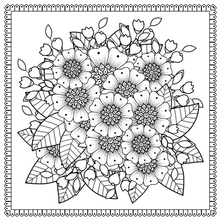 Mehndi flower for henna, mehndi, tattoo, decoration. decorative ornament in ethnic oriental style. doodle ornament. outline hand draw illustration. coloring book page.のイラスト素材