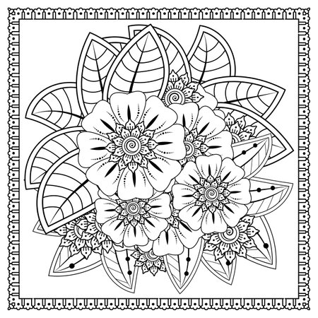 Mehndi flower for henna, mehndi, tattoo, decoration. decorative ornament in ethnic oriental style. doodle ornament. outline hand draw illustration. coloring book page.のイラスト素材