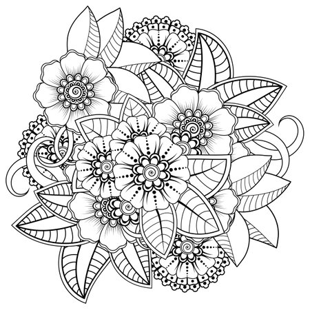 Mehndi flower for henna, mehndi, tattoo, decoration. decorative ornament in ethnic oriental style. doodle ornament. outline hand draw illustration. coloring book page.のイラスト素材