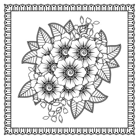 Mehndi flower for henna, mehndi, tattoo, decoration. decorative ornament in ethnic oriental style. doodle ornament. outline hand draw illustration. coloring book page.のイラスト素材