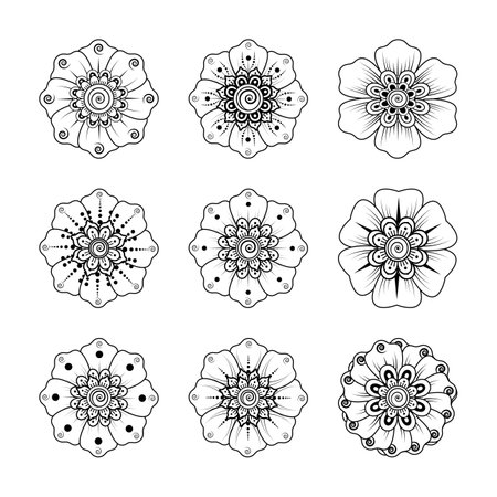 Mehndi flower for henna, mehndi, tattoo, decoration. decorative ornament in ethnic oriental style. doodle ornament. outline hand draw illustration. coloring book page.のイラスト素材